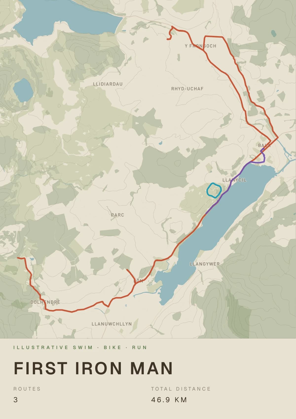 Multi-route print of a triathlon's swim, bike and run